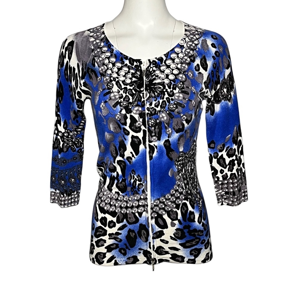Cache Leopard Print Rhinestone Embellished Knit Cardigan Sweater Blue Size Small - Picture 9 of 9